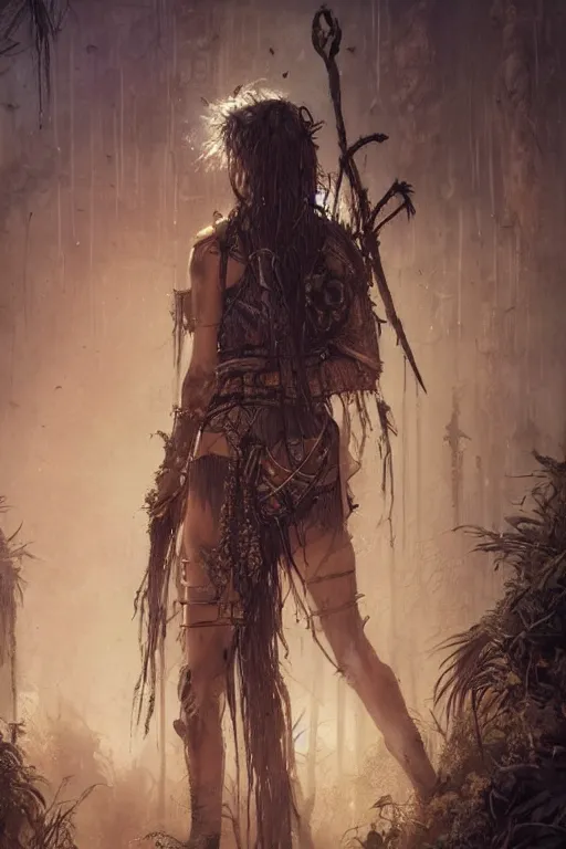 Prompt: young beautiful tribal woman with face paintings and a sword, in a post apocalyptic city overgrown with lush vegetation, by Luis Royo, by Greg Rutkowski, dark, gritty, intricate, volumetric lighting, volumetric atmosphere, concept art, cover illustration, octane render, trending on artstation, 8k