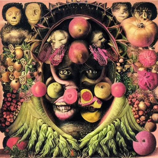 Prompt: album cover, new age, black, white, pink, psychedelic, space, giuseppe arcimboldo