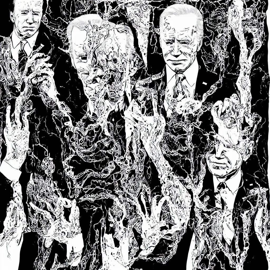 Image similar to Joe Biden full body portrait, body horror, black and white Illustration by Junji Ito