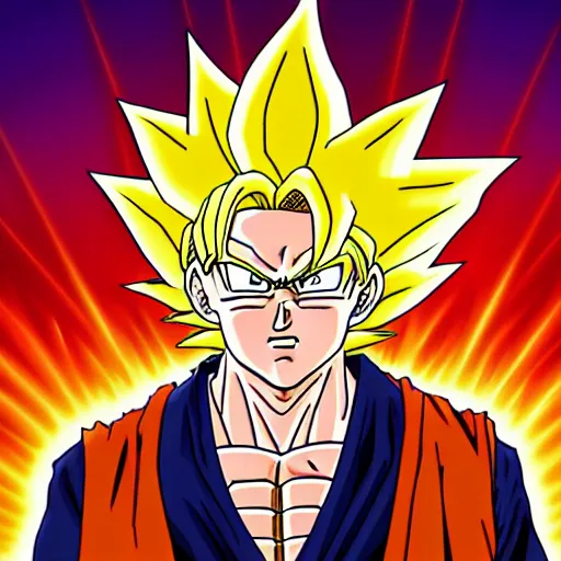 Image similar to portrait of Bernie Sanders from dragon ball z with glowing golden aura flying over a desert field, super saiyan 3, yellow spiky hair, digital art