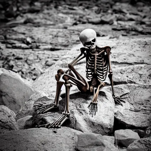 Prompt: a skeleton sitting on a rock, 30mm lens, high resolution 8k,