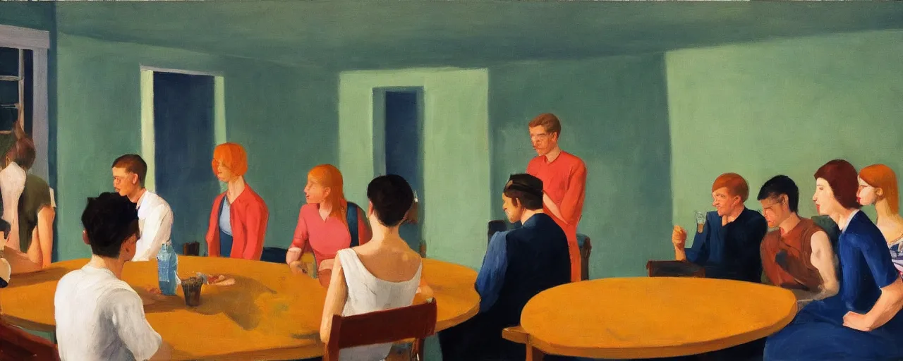 Image similar to a group of gen z friends sitting around talking about climate change while drinking old fashions, one of the friends is standing in preaching, in the style of an edward hopper painting
