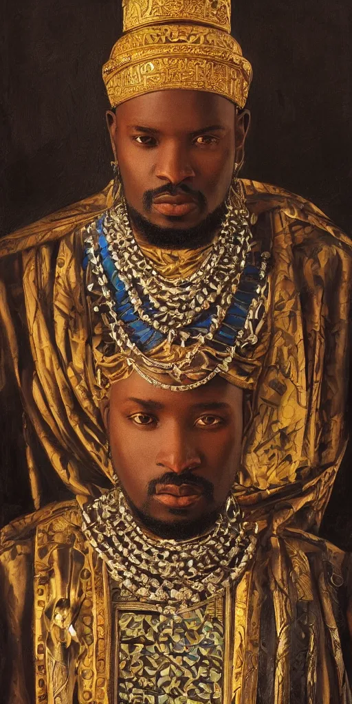 Image similar to a stunning and noble highly detailed romantic period style portrait of Mansa Musa by Josep Tapiró Baró, trending on artstation, oil painting masterpiece, symmetry, mysterious, very very very aesyhetic, African iconography