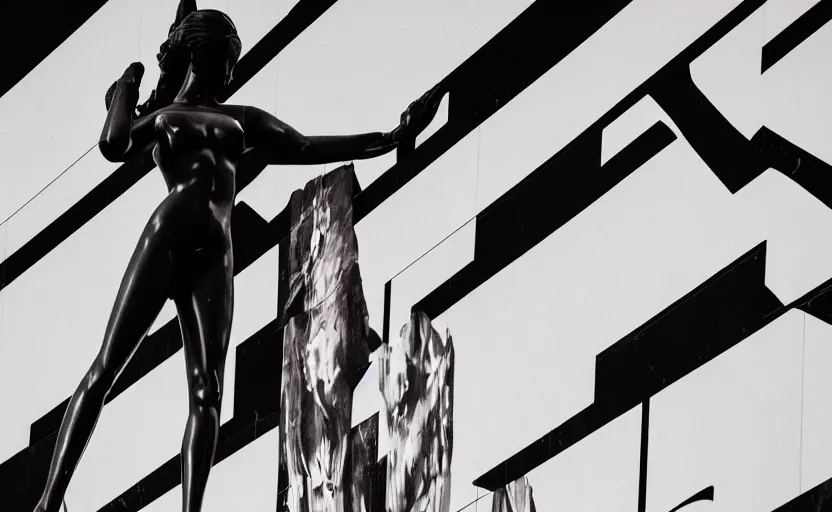 Image similar to night time photo of billboard advertisement of extremely beautiful female black marble statue in the style of virgil abloh, colorful motocross logos behind her, sharp focus, clear, detailed,, cinematic, detailed, off white, glamourous, symmetrical, vogue, editorial, fashion, magazine shoot, glossy