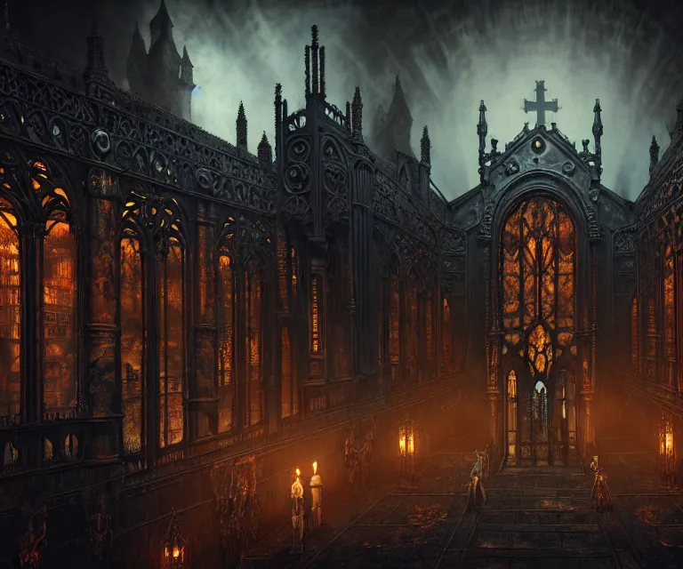 Image similar to steam necropolis, memento mori, gothic, neo - gothic, art nouveau, hyperdetailed copper patina medieval icon, stefan morrell, philippe druillet, ralph mcquarrie, concept art, steampunk, unreal engine, detailed intricate environment, octane render, moody atmospherics, volumetric lighting, ultrasharp, ominous, otherworldly