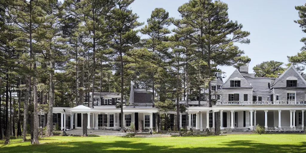 Image similar to grey brick wooden cape cod with pine trees and tile white black mansion by mcalpine house, by jackson & leroy architects