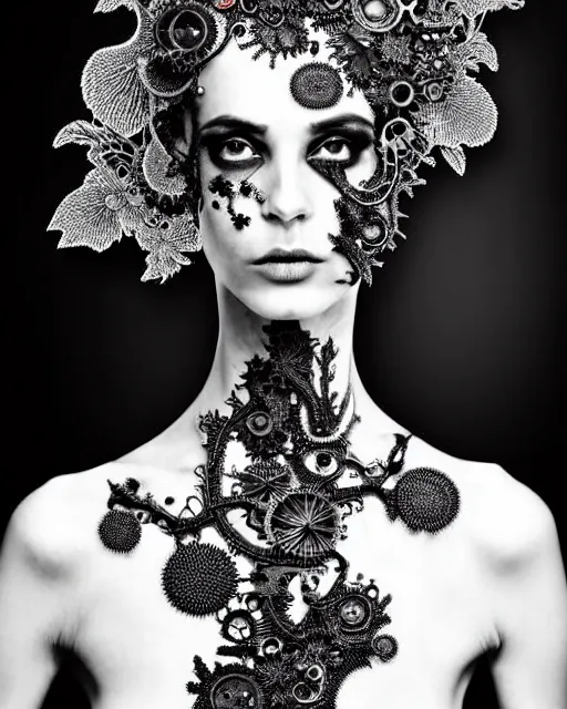 Image similar to surreal dark poetic black and white photo portrait of complex bio-mechanical beautiful young silver female vegetal-cyborg with a Mandelbrot fractal steampunk metal fine lace face, a very long neck and a fine metal floral foliage super big lace collar by Alexander McQueen:: smoke, high fashion, haute couture, rococo, steampunk, silver filigree details, anatomical, facial muscles, cable wires, microchip, elegant, dreamy, foggy atmosphere, hyper realistic, 150 mm lens, soft rim light, octane render, unreal engine, picture was taken in 1910 by Man Ray, volumetric lighting, dramatic light,8k,