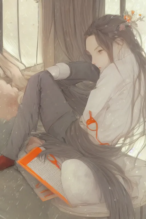 Prompt: a teenage girl in a jk uniform outfit in the bedroom reading a book in a night, raining outside the window, grey and orange theme ， wavy white long hair, by krenz cushart and mucha and akihito yoshida and greg rutkowski and makoto shinkai and wlop, detailed eyes, 4 k resolution