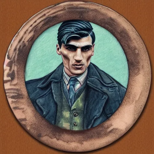 Prompt: a tattoo of thomas shelby, color restoration, sketch, watercolor, only his face in a round frame, dotted