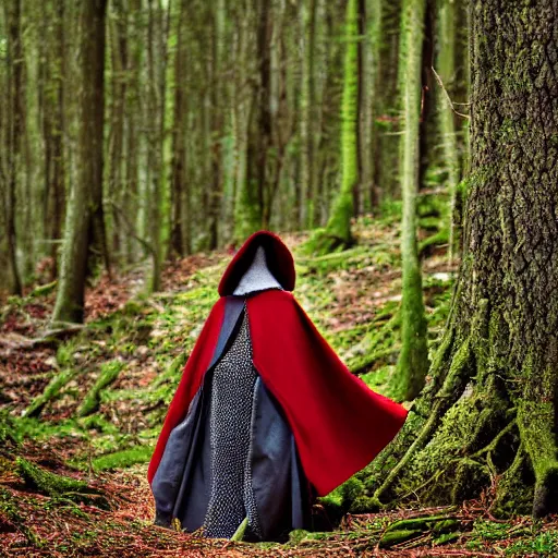 Image similar to medieval cloak wearing anthro lizard, photograph captured in the woods