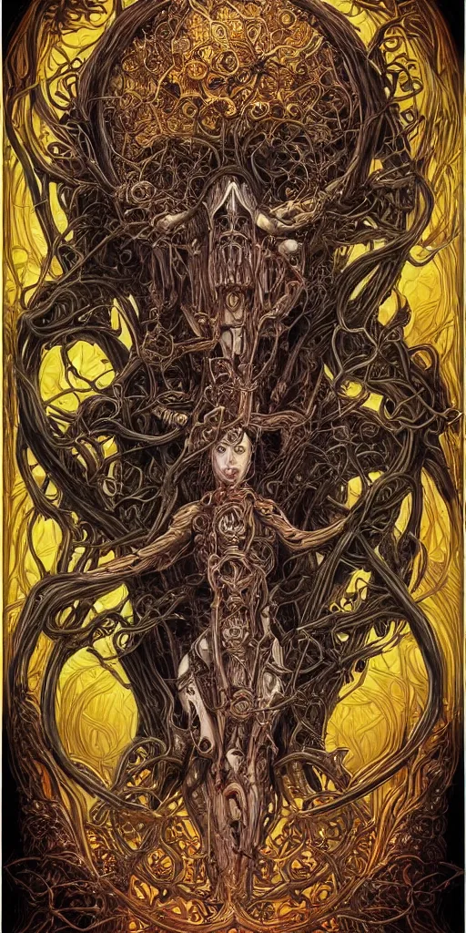 Image similar to Elden Ring and Doom themed intricate painting of majestic chromatic biomechanical anatomical psychedelic mushroom druid central figure intricate highly detailed symmetrical, golden ratio concept, Neo-Gothic concept, infinity waves, masterpiece of cinematic movie screen printing poster colorful and vivid pattern, by Artgerm, Edmund Leighton, Darius Zawadzki, James Jean, Mark Brooks and Moebius, Artstation trending