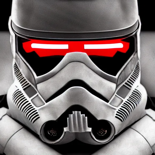 Image similar to super soldier, symmetrical portrait scifi, power armor storm trooper red and black detailed matte painting hyperdetailed trending on artstation moebius photorealism retrofuturism # film 8 k resolution back lit