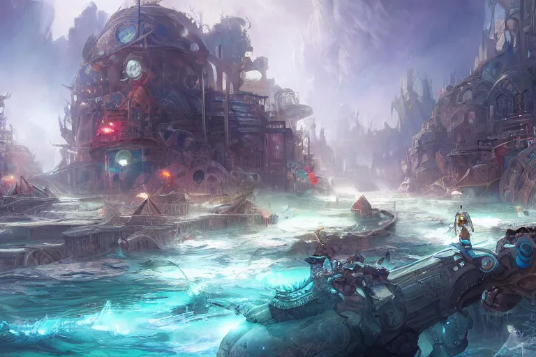 Prompt: concept art of a city walking through ocean, hyperdetailed, epic, beautiful, by Tyler Edlin