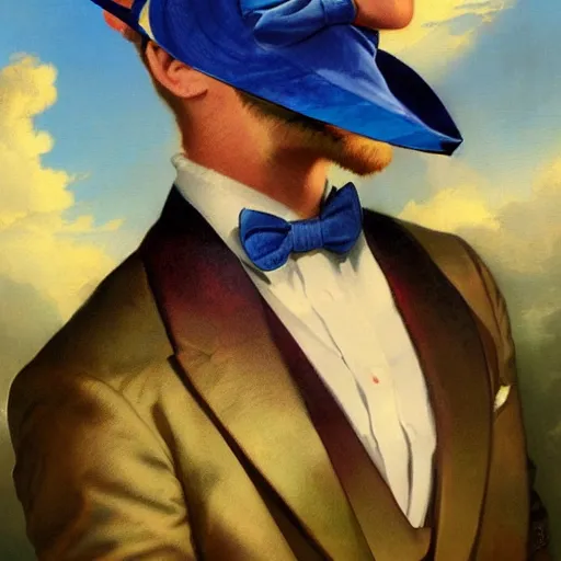 Prompt: an indigo bunting bird wearing a crown and bowtie, he's emperor of the world by greg rutkowski, rossdraws, gil elvgren, enoch bolles, anime, very coherent