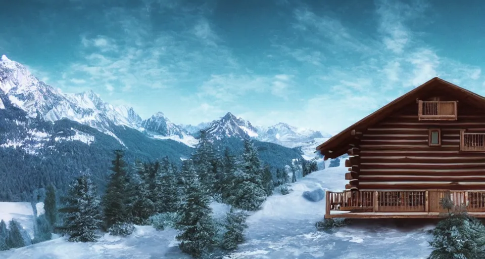 Image similar to log cabin beneath the alps, vaporwave, 4 k