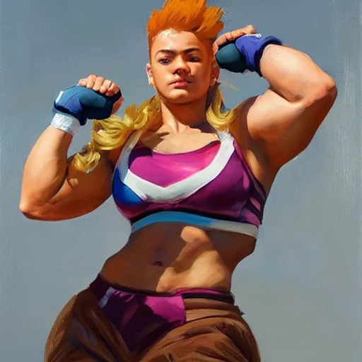 Image similar to greg manchess portrait of weightlifter zarya from overwatch, medium shot, asymmetrical, profile picture, organic painting, sunny day, matte painting, bold shapes, hard edges, street art, trending on artstation, by huang guangjian and gil elvgren and sachin teng