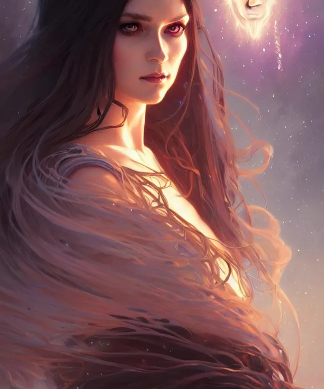 Image similar to fantasy magic woman portrait, sci-fi, amber eyes, face, long hair, fantasy, intricate, elegant, highly detailed, digital painting, artstation, concept art, smooth, sharp focus, illustration, art by artgerm and greg rutkowski and alphonse mucha