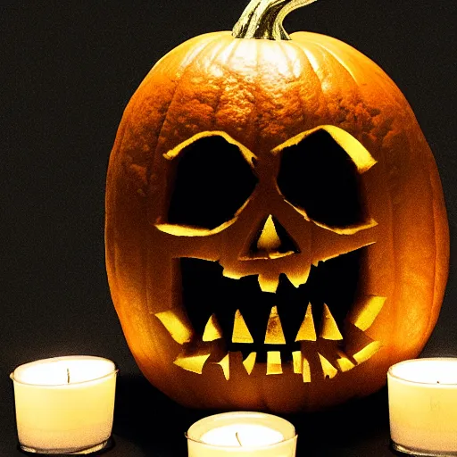 Image similar to a jack o'lantern, carved in the likeness of a skull, lit by candle from within, hyperreal, horror, atmospheric - h 6 4 0,