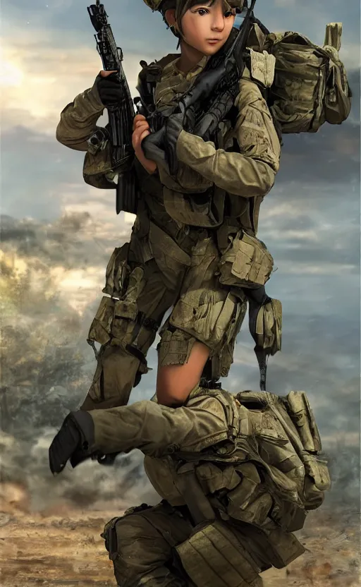 Image similar to girl, trading card front, future soldier clothing, future combat gear, realistic anatomy, war photo, professional, by ufotable anime studio, green screen, volumetric lights, stunning, military camp in the background, metal hard surfaces, generate realistic face, brown eyes, strafing attack plane