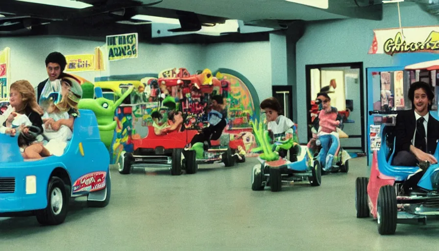 Prompt: 1990s photo of inside the Boring News Grown up errands ride at Universal Studios in Orlando, Florida, children riding on tiny ice cream truck go-carts through a fake corporate office , slime monster, flying soccer balls, business men, cinematic, UHD