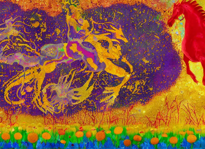 Image similar to expressionistic pixelated decollage painting golden armor alien zombie horseman riding on a crystal bone dragon broken rainbow diamond maggot horse in a blossoming meadow full of colorful mushrooms and golden foil toad blobs in a golden sunset, distant forest horizon, painted by Mark Rothko, Helen Frankenthaler, Danny Fox and Hilma af Klint, pixel, mosaic, semiabstract, color field painting, byzantine art, no anti aliasing, compression artifacts, pop art look, naive, outsider art. Barnett Newman painting, part by Philip Guston and Frank Stella art by Adrian Ghenie, 8k, extreme detail, intricate detail, masterpiece