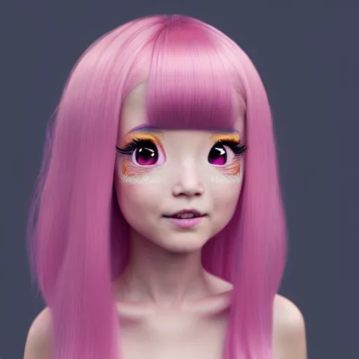 Image similar to A portrait of Nikki from Shining Nikki and Love Nikki, a cute 3d cgi toon young woman with long light pink hair, full bangs, hazel eyes, full round face, light makeup, pale skin, Chinese heritage, medium shot, mid-shot, hyperdetailed, 8k, trending on artstation, as a Pixar character