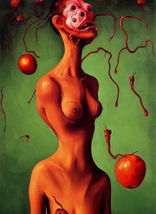 Prompt: Oil painting - She Eats of the Strangling Fruit and Her gossamer polyp blossoms bring iridescent fungal flowers whose spores like cordyceps black the foolish stars by Lucian Freud and Jenny Saville, Abstract brush strokes, Masterpiece, Edward Hopper and James Gilleard, Zdzislaw Beksinski, Mark Ryden, Wolfgang Lettl highly detailed, hints of Yayoi Kasuma