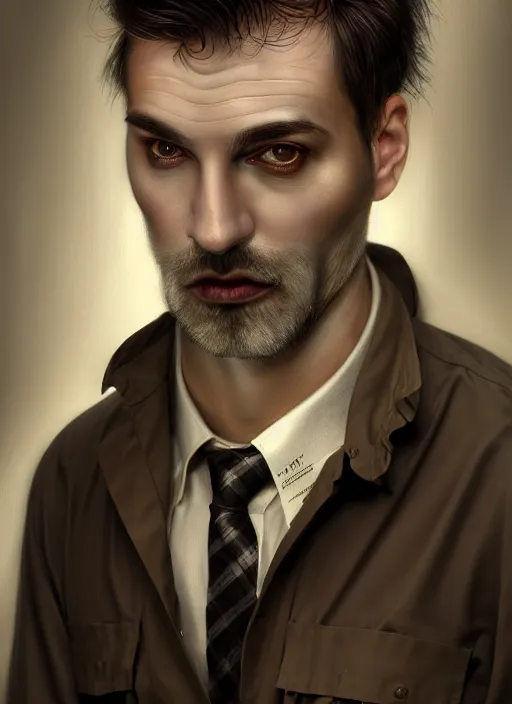 Prompt: male surgeon, brown hair, khakis, plaid shirt, gothic, moody, noir, diffuse lighting, fantasy, intricate, elegant, highly detailed, lifelike, photorealistic, digital painting, artstation, illustration, concept art, smooth, sharp focus, art by John Collier and Albert Aublet and James jean and Brian froud and ross tran and Artem Demura and Alphonse Mucha