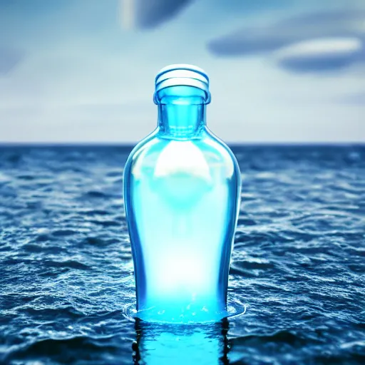 Prompt: a human head stuffed in a bottle, on the ocean water, futuristic, glowing, hyper realistic, ray tracing, realistic water splashes, sharp focus, long shot, 8 k resolution, cinematic, photoshop art