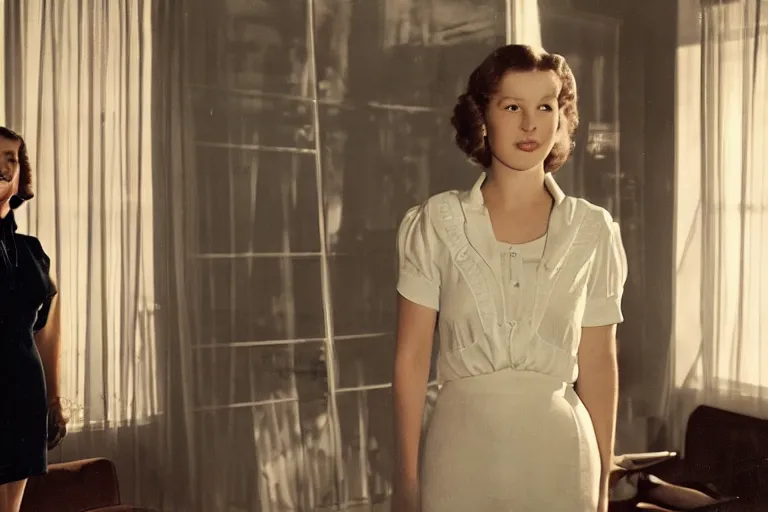 Prompt: backlit photograph of young woman, standing in front of powerful dazzling orgone accumulator in 1 9 4 0's suburban living room, crisp focus, highly detailed, in roger deakins style, 4 k, ultra sharp