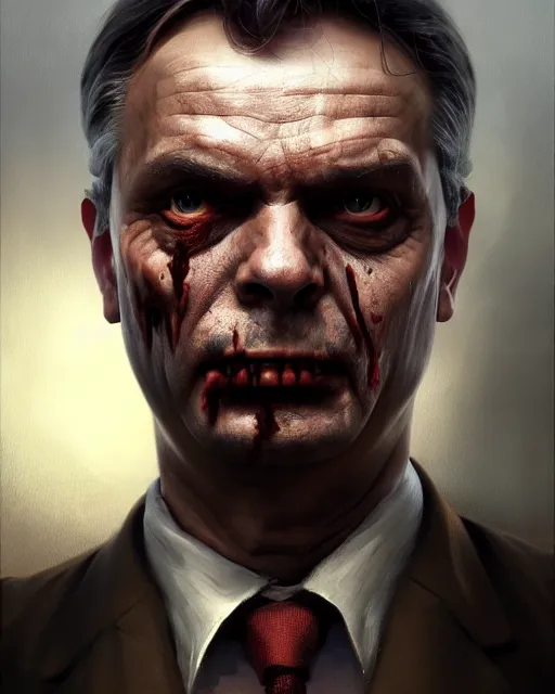 Prompt: medium - shot oil portrait of a zombie played by viktor orban, artstation, highly detailed digital painting, smooth, global illumination, fantasy art by greg rutkowsky, karl spitzweg, leyendecker