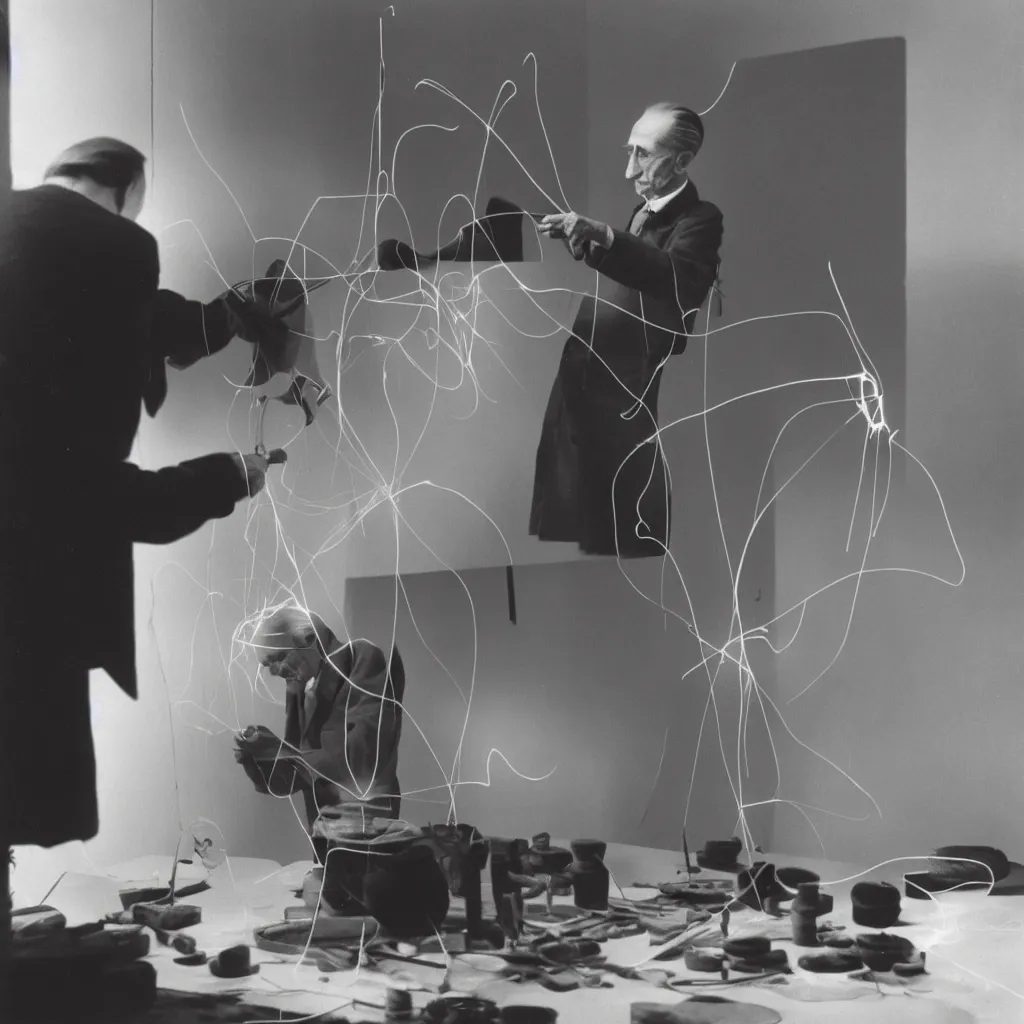 Image similar to a long exposure shot of Marcel Duchamp working on a readymade object, archival pigment print