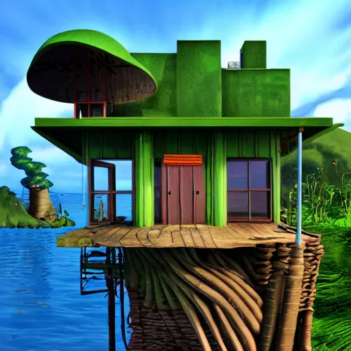 Image similar to Gorillaz Plastic Beach house on island, Realistic, HDR, 2010 style,,