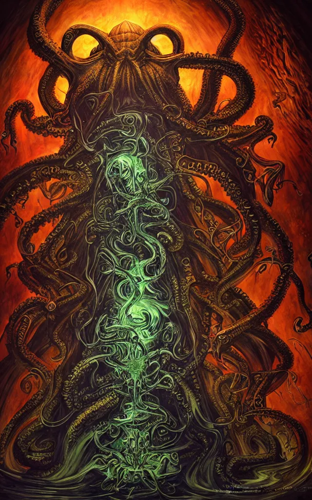 Image similar to pope priest in front of a cthulhu within a viscosity fluid lovecraft portal artwork by android jones, smooth lighting, detailed