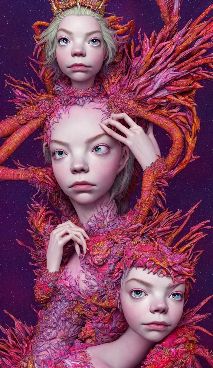 Image similar to hyper detailed 3d render like a Oil painting - kawaii portrait Aurora (a beautiful skeksis muppet fae queen from dark crystal that looks like Anya Taylor-Joy) seen red carpet photoshoot in UVIVF posing in scaly dress to Eat of the Strangling network of yellowcake aerochrome and milky Fruit and His delicate Hands hold of gossamer polyp blossoms bring iridescent fungal flowers whose spores black the foolish stars by Jacek Yerka, Ilya Kuvshinov, Mariusz Lewandowski, Houdini algorithmic generative render, Abstract brush strokes, Masterpiece, Edward Hopper and James Gilleard, Zdzislaw Beksinski, Mark Ryden, Wolfgang Lettl, hints of Yayoi Kasuma and Dr. Seuss and Juli Adams (SEATTLE), octane render, 8k