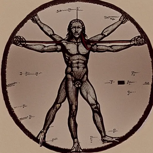 Prompt: vitruvian man, cthulhu, diagram