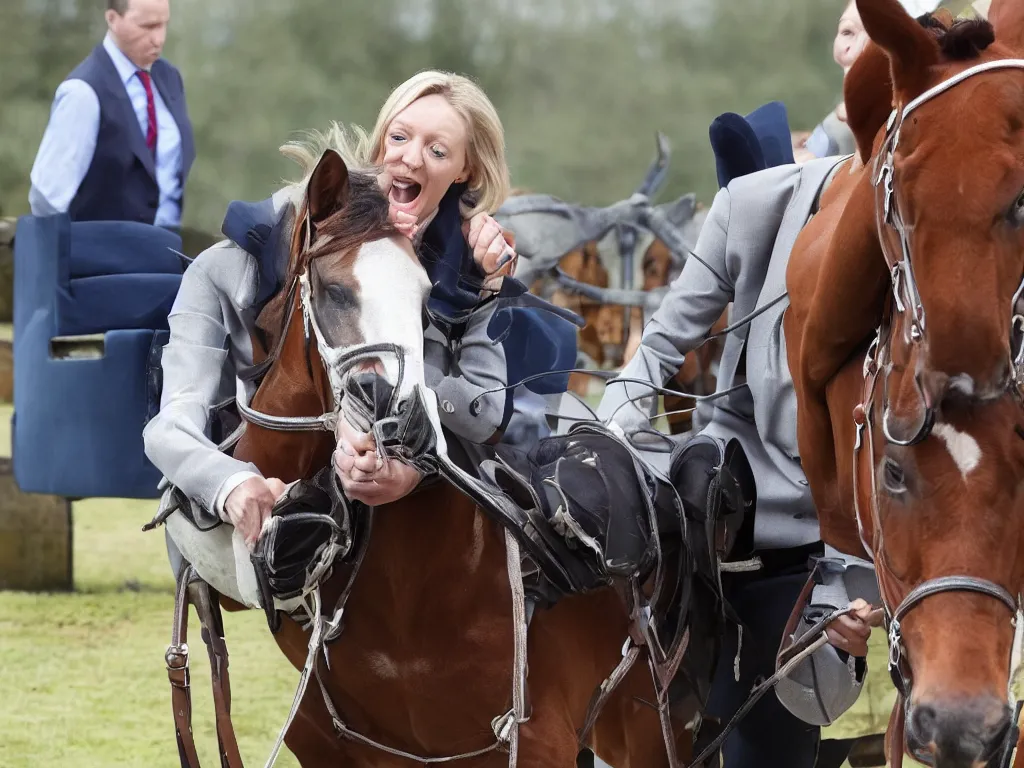 Image similar to liz truss inside a horse, her head visible in the horse's throat as it yawns