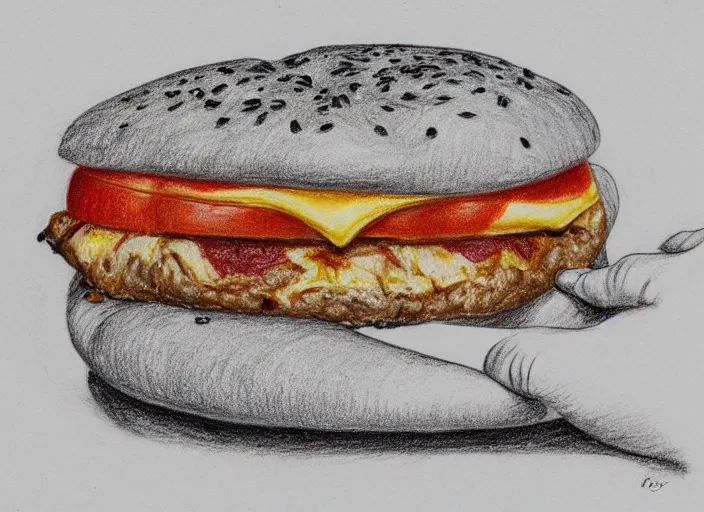 Image similar to a pizza eating a small burger, colorfull pencil drawing