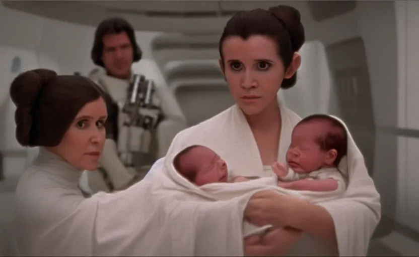 Prompt: screenshot of Princess Leia Organa holding a new born baby in a swaddle, standing next to Han Solo watching with his arms behind his back, pensive, iconic scene from 1980s Star Wars film directed by Ridley Scott, in a sci fi nursing home architecture, last jedi, 4k HD sharp, cinematic still frame, photoreal, detailed face, moody lighting, stunning cinematography, anamorphic lenses, kodak color film stock