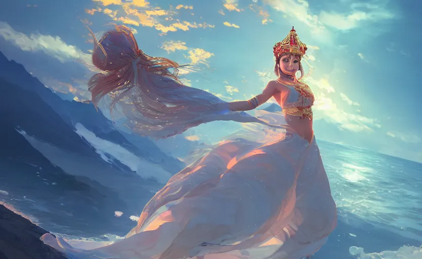 Image similar to Himalayan priestess dancing on water, beautiful flowing fabric, sunset, dramatic angle, 8k hdr pixiv dslr photo by Makoto Shinkai rossdraws and Wojtek Fus