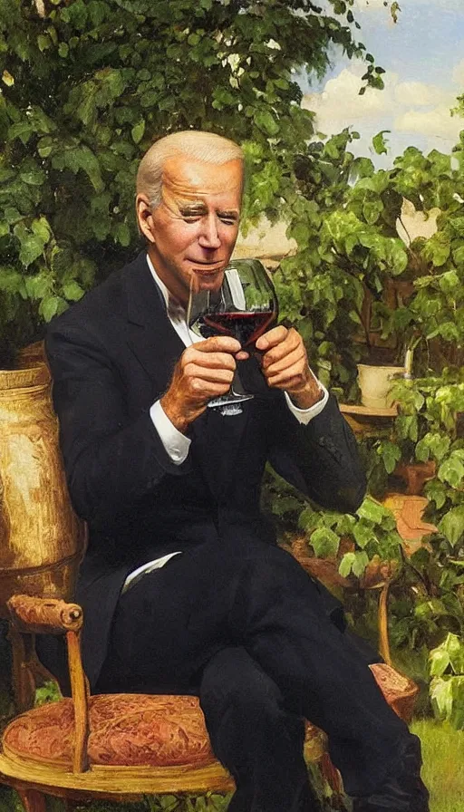 Image similar to still life painting of Joe Biden drinking wine in a garden by Peder Krøyer, golden hour, dramatic lighting, intricate detail, canvas print