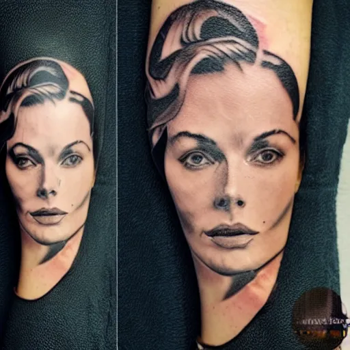 Image similar to double exposure tattoo design sketch of beautiful margot's robbie's face blended in beautiful mountains, in the style of matteo pasqualin, amazing detail