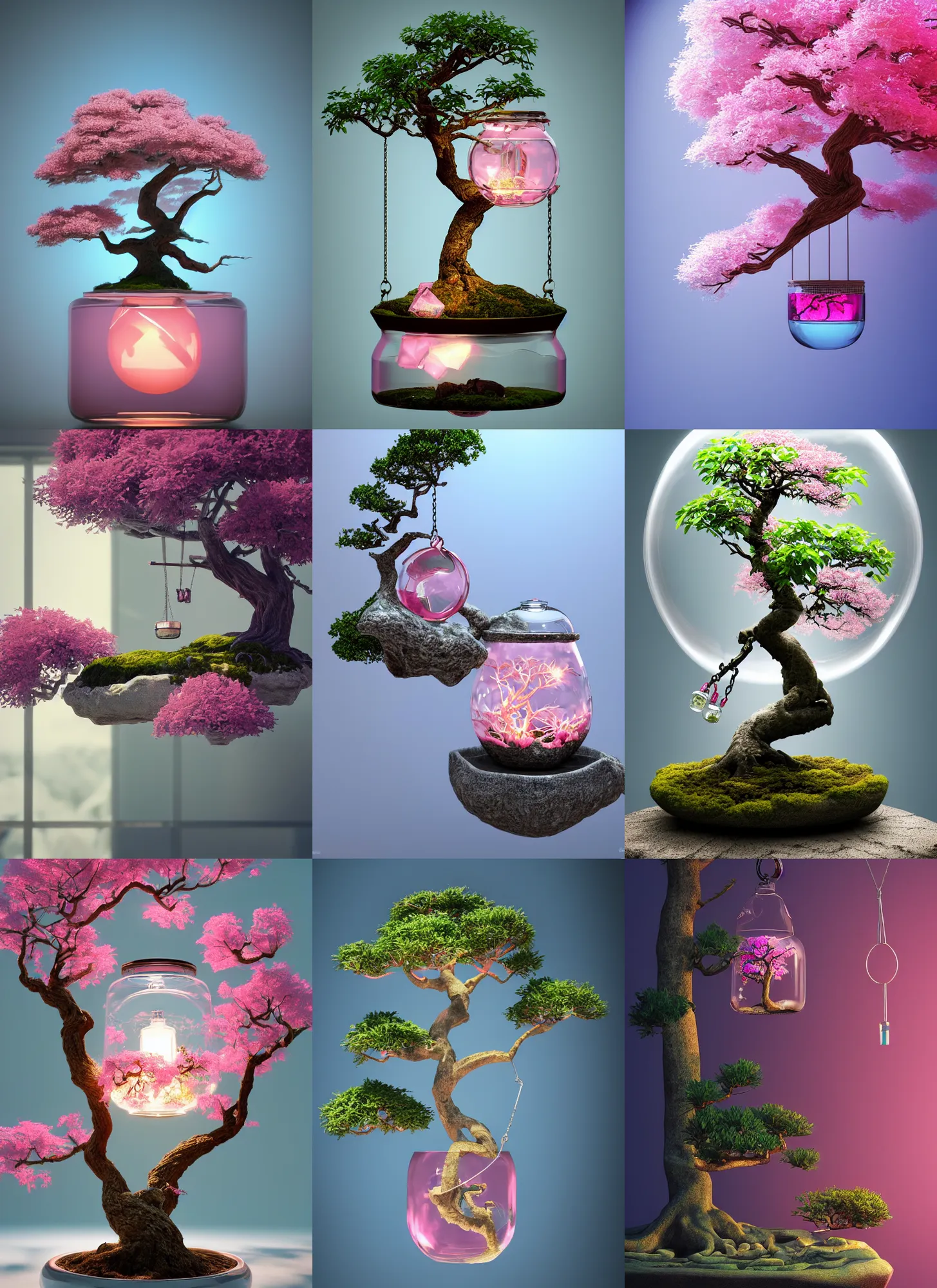 Prompt: a pink bonsai tree inside a glass jar, swing on a tree, intricate detail, blue bonsai, volumetric lighting, epic composition, hyper detailed, ultra realistic, sharp focus, octane render, volumetric, ray tracing, artstation trending, cgsociety, sense of awe, 4 k