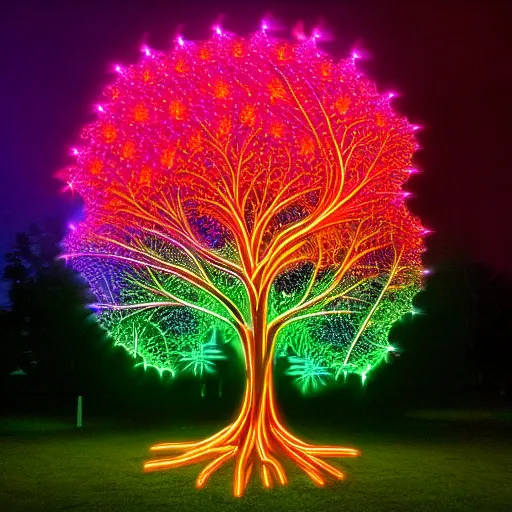 Image similar to a fractal tree made out of neon lights, futuristic, hd, epic lighting