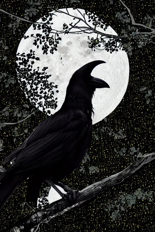 Image similar to close up portrait of a crow on a tree in front of the full big moon, vector graphic, clear lines, intricate, portrait, 8k highly professionally detailed, HDR, CGsociety