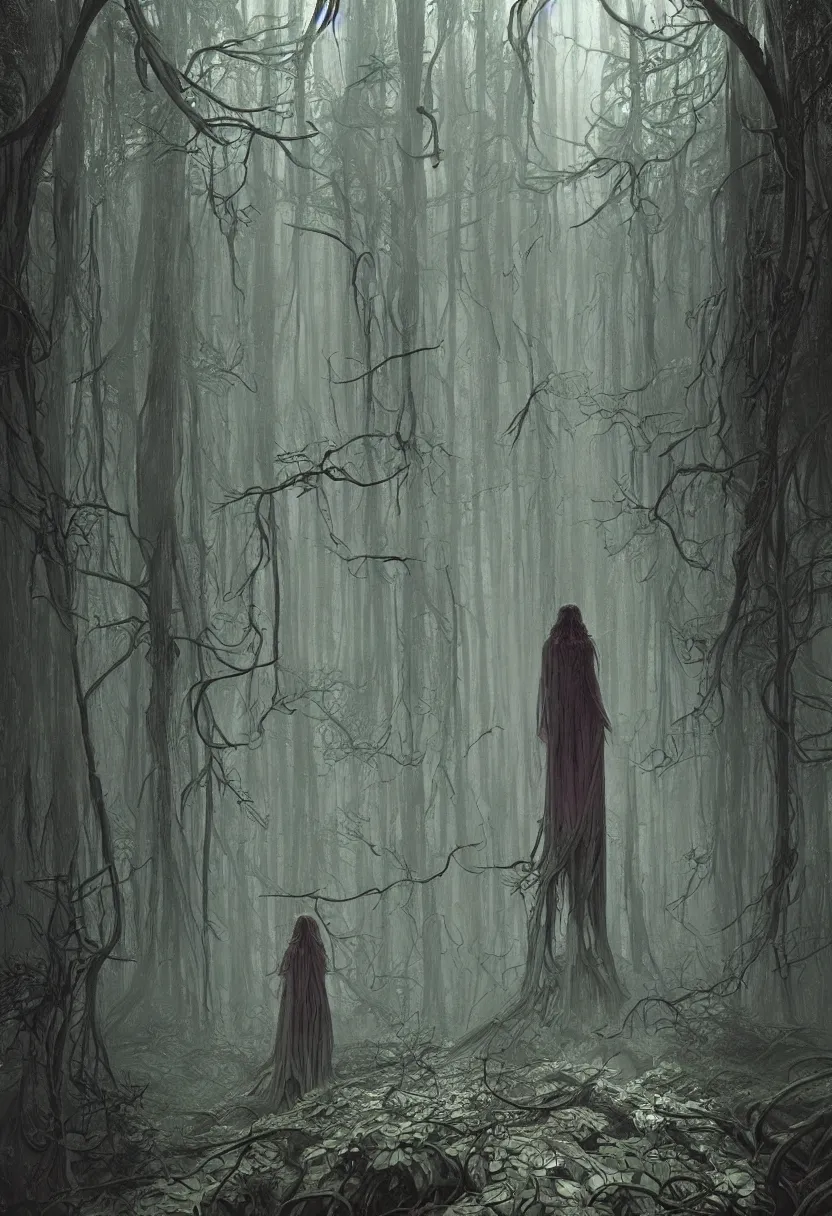 Prompt: a beautiful woman in a spooky forest, by daniel - by greg rutkowski and raymond swanland hr giger and zdzislaw beksinski and alphonse mucha and moebius, matte painting, hyperdetailed, symmetry, art nouveau, beautiful render, concept art