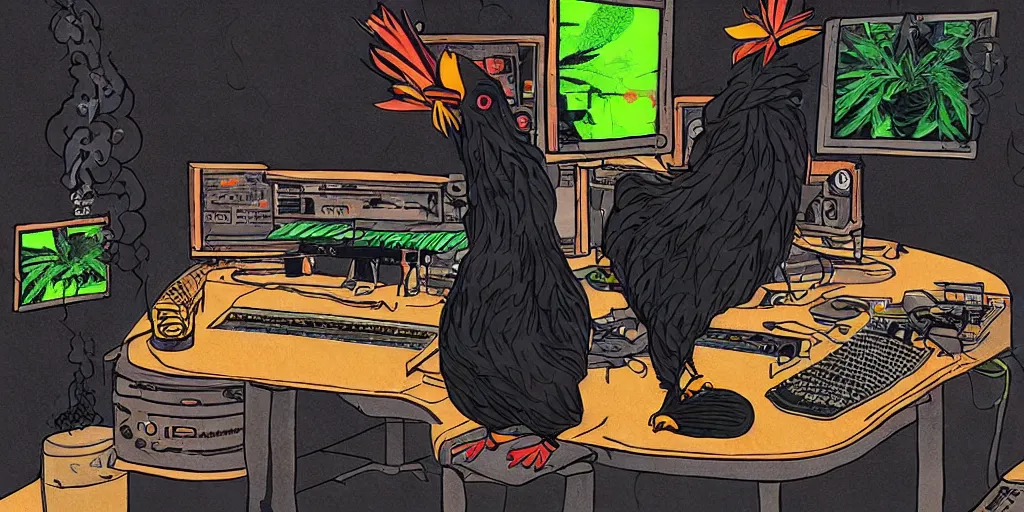 Image similar to 'black chicken'!!! smoking 'cannabis'!!!!!! in front of 'audio console'!!!! and 'multi monitors'!!!! 'in a hi-tech tv broadcasting studio'!!!!, artwork by James Gilleard