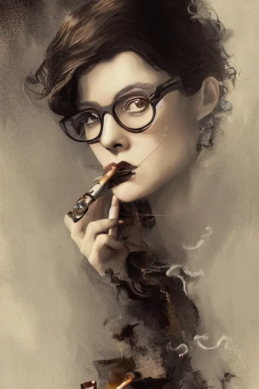 Prompt: portrait of a beautiful intelligent woman as a 1920s detective, wavy short dark hair and glasses, smoking a thin cigarette, intricate detail, digital painting, old english, raining, sepia, particles floating, whimsical background by marc simonetti, artwork by ross tran + ramond swanland + liam wong