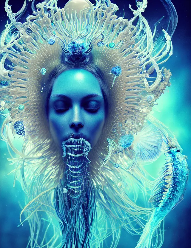 Image similar to goddess macro close - up portrait in crown made of ram skull. betta fish, jellyfish phoenix, bioluminiscent, plasma, ice, water, wind, creature, super intricate ornaments artwork by tooth wu and wlop and beeple and greg rutkowski