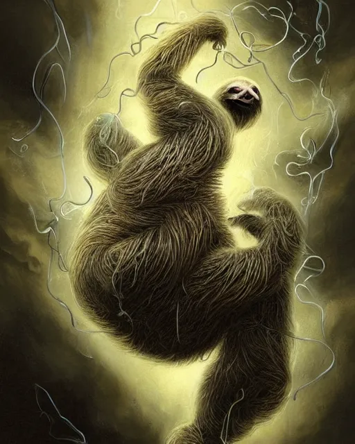 Prompt: a highly detailed portrait of a sloth wearing a black tuxedo as a devious magician radiating a powerful energy aura, wispy tendrils of smoke, swirling vortex of energy, performance art, intricate, digital painting, old english, raining, sepia, particles floating, whimsical background by marc simonetti, art by artgerm and greg rutkowski and alphonse mucha